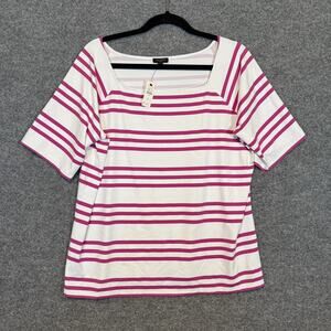 Talbots Shirt Womens 2X XXL White Pink Square Neck Striped Blouse Plus Size NEW